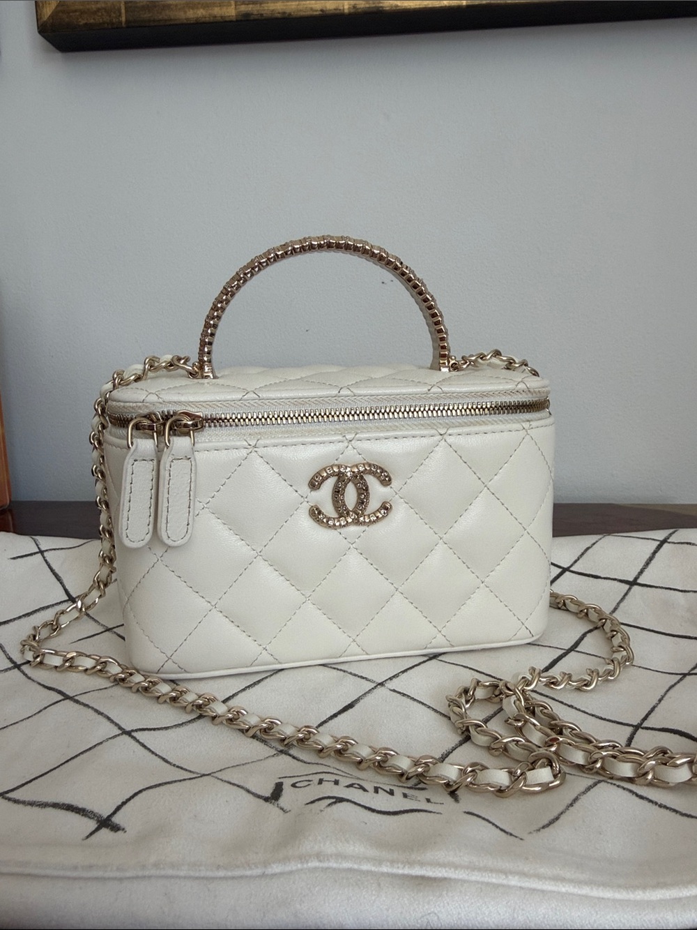 Authentic CHANEL White Quilted Vanity Mini Bag with Gold-Tone Chain